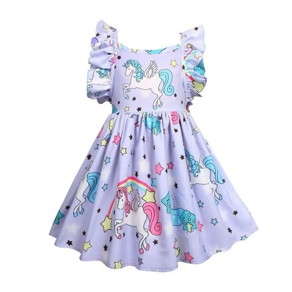 Los Angeles Boutique Girls Unicorn Rainbow Purple Ruffle Tie Back Dress NEW 6